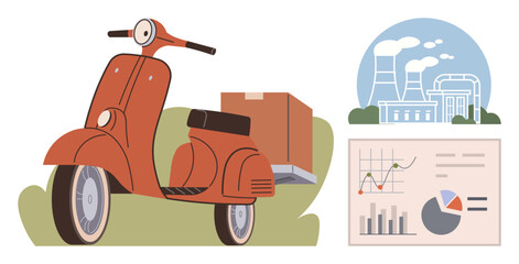 Red scooter carrying a box alongside industrial factory image and business performance graphs. Ideal for logistics, delivery, manufacturing, sustainability, growth, data analysis, entrepreneurship