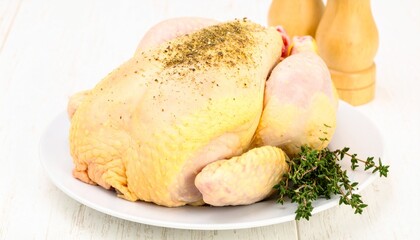 Whole raw chicken seasoned with spices and fresh thyme on a white plate, ready for cooking.