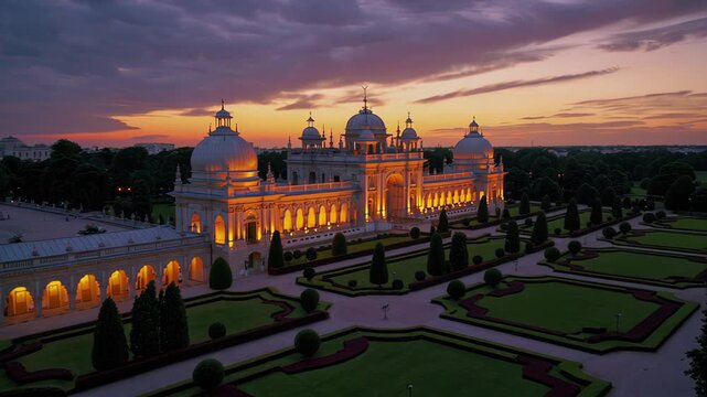 A majestic palace glows warmly at sunset, surrounded by manicured gardens and symmetrical pathways. The golden lights highlight the stunning architecture, creating a magical atmosphere against the dra