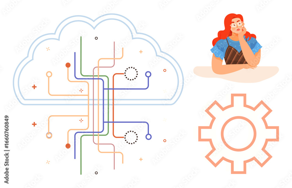 Poster cloud outlined with circuit lines symbolizing technology, woman thinking, and gear for innovation, d