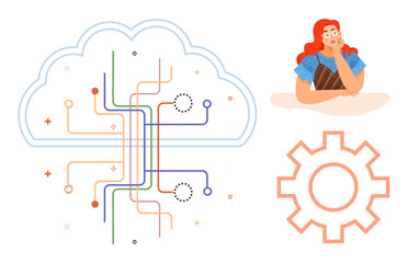 Cloud outlined with circuit lines symbolizing technology, woman thinking, and gear for innovation, data, and processes. Ideal for technology, innovation, problem-solving, workflow automation cloud