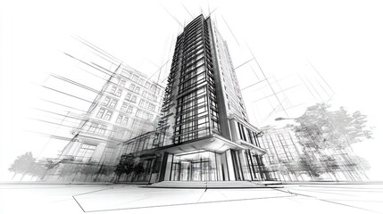 Fototapeta premium Architectural sketch tall building with perspective view