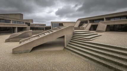 Concrete geometry architectural grandeur with overcast skies and textured ground