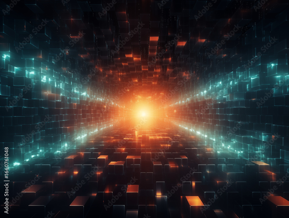 Poster dynamic abstract tunnel of light and data cubes creates stunning futuristic visual, perfect for desi