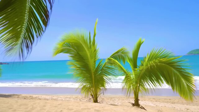 Golden sand, bright sun, and clear turquoise waves create a paradise beach scene with lush green palm trees swaying in the gentle breeze, inviting you to relax, unwind, and enjoy the beauty of tropica