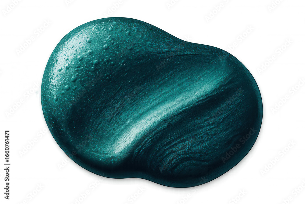 Poster glossy teal paint dripping, forming abstract curved pattern with translucent background, highlightin