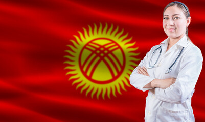 Female doctor on Kyrgyzstan flag. Doctor with crossed arms on Kyrgyzstan flag. Kyrgyzstan health...