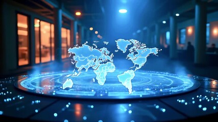 Futuristic holographic world map displayed in a modern tech workspace with glowing lights and reflections - Powered by Adobe