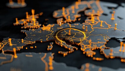 Illuminated map of Europe, highlighting Central Europe with glowing points
