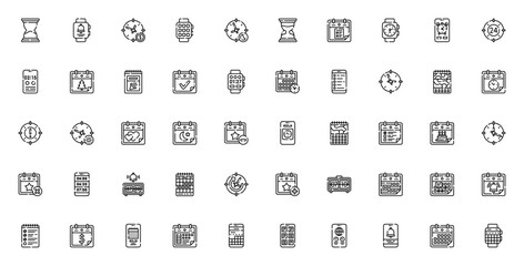 Time and Date icon set. Vector illustration. Minimalist icons pack. Includes symbols for calendar, clock, alarm, timer, schedule, reminder, holiday, stopwatch and more. Editable stroke.