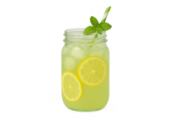 Refreshing lemonade in a mason jar with ice, lemon slices, mint, and paper straw on transparent background