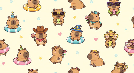 Cute Capybara Cartoon Seamless Pattern Design