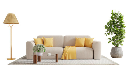 Modern living room interior with sofa, floor lamp, coffee table, and indoor on transparent background- 3D rendering