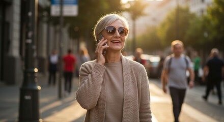 Woman talking on smartphone city street