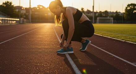 Woman tying shoe lace on running track