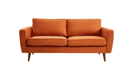 A two-seat burnt orange sofa with simple lines.  Solid color upholstery,  low profile,  wooden legs