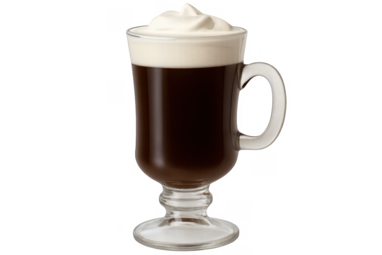 Irish coffee with whipped cream on transparent background