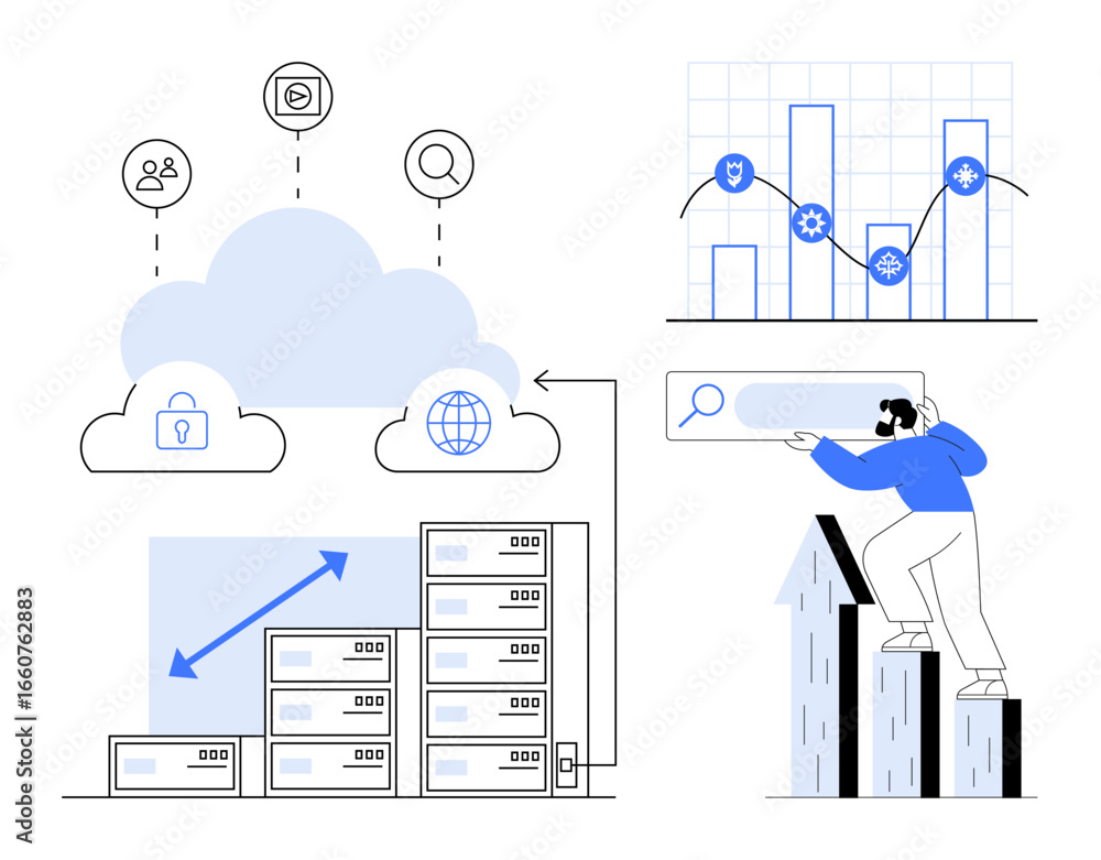 Poster cloud connection with server stacks, charts, and user analytics icons. person climbing growth graph.