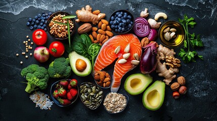 Healthy food for brain and memory. Healthy eating Concept. Top view