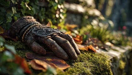 Weathered glove rests among vibrant foliage, suggesting a story or quest