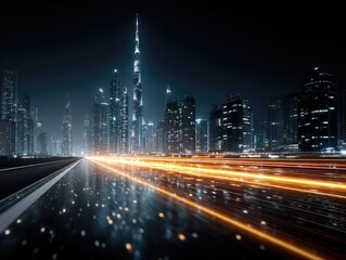 and keyword list for the image, following your instructions

 Cityscape night; light streaks flow across futuristic skyline in metropolis.