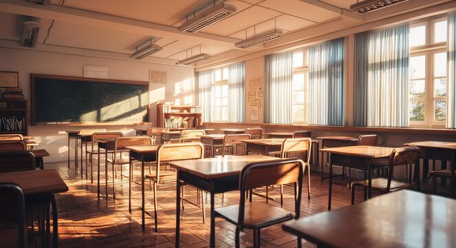 "Sunlit Classroom Interior with Wooden Desks, Blackboard, and Bookshelves - Ideal for Educational Projects and School-themed Designs"