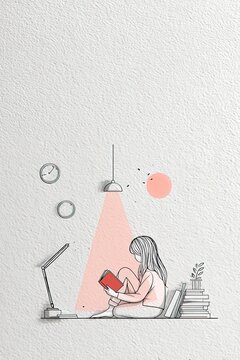 "Cozy Reading Scene: Girl with Books, Lamp, Clock and Plant on Textured Wall"