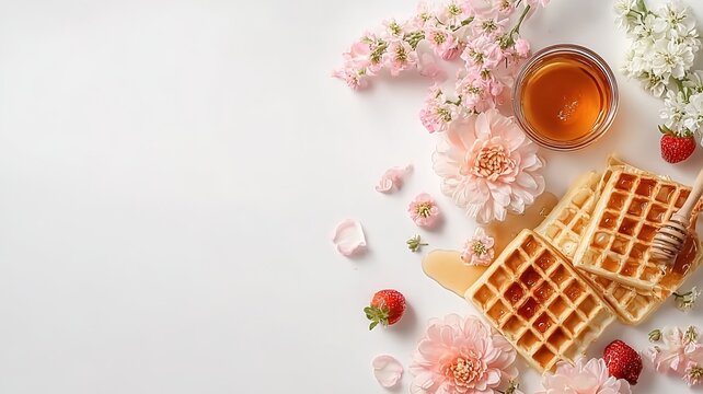 Delicious Belgian Waffles with Honey and Fresh Berries on a White Background, Decorated with Pink Flowers for a Springtime Breakfast Setting