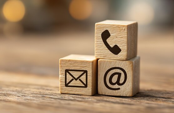 Contact Information Icons on Wooden Cubes for Business Communication