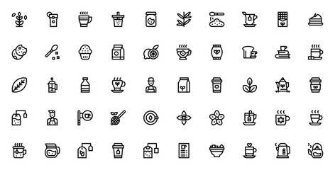 Tea icon set. Vector illustration. Includes green tea, tea cup, bubble tea, cookie, sugar, milk, lemon, kettle, herbal tea, jasmine and more. Editable stroke.