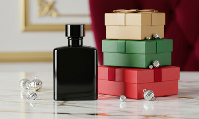 Luxury Perfume Mockup: Black Bottle with Gift Boxes on Marble