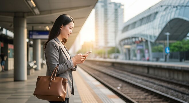 Woman using smartphone at train station platform