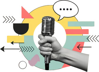 Hand holding vintage microphone amidst abstract shapes and speech bubble isolate collage art transparent background