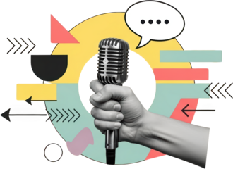 Hand holding vintage microphone amidst abstract shapes and speech bubble isolate collage art transparent background