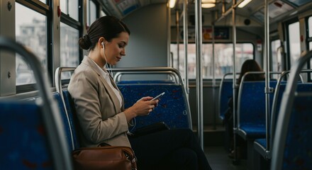 Woman using smartphone on city bus
