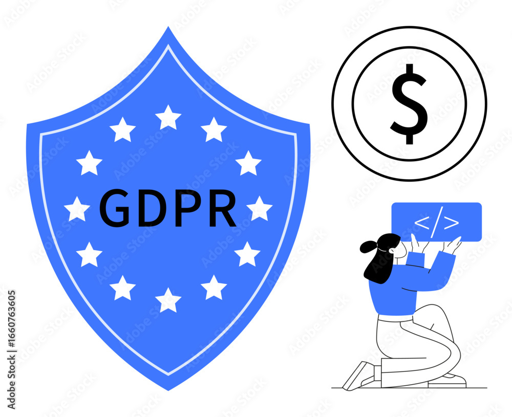 Aufkleber blue shield with gdpr text surrounded by stars, dollar symbol in circle, developer coding. ideal for