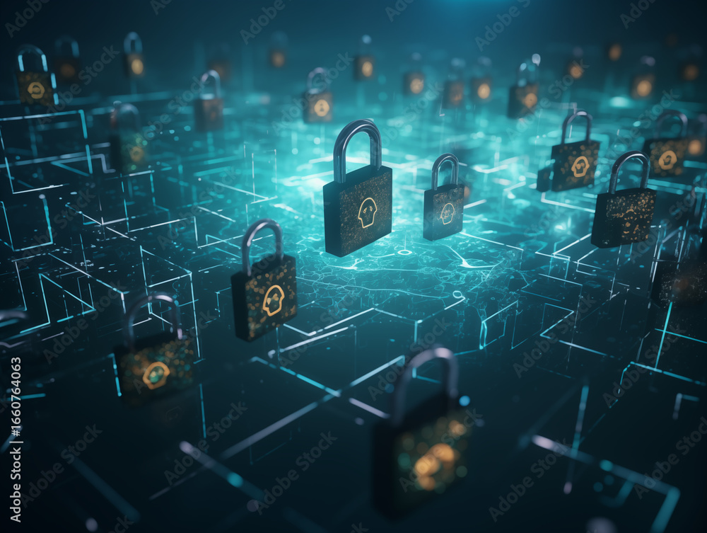 Poster cybersecurity concept with glowing locks representing data protection and digital security measures