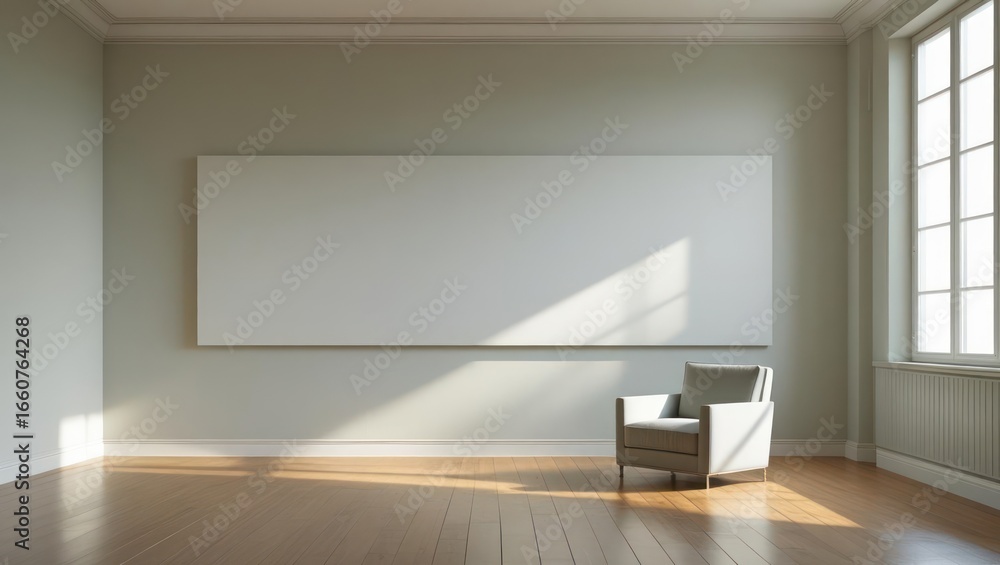 Poster empty room with a large blank canvas and a single armchair.