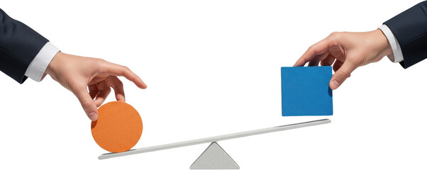 Hands in suits placing a circular orange object and a blue square object on a balance scale collage art transparent background
