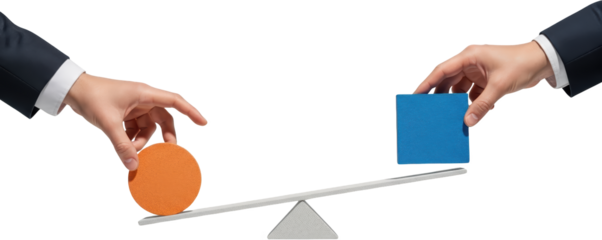Hands in suits placing a circular orange object and a blue square object on a balance scale collage art transparent background