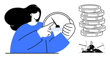 Woman adjusting speedometer beside coin stack and broken light bulbs. Ideal for finance, energy savings, efficiency, resource management, budgeting, progress tracking, innovation. Simple flat