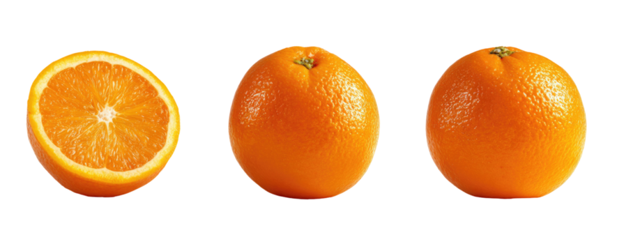 Three oranges, one sliced, displayed in a horizontal row