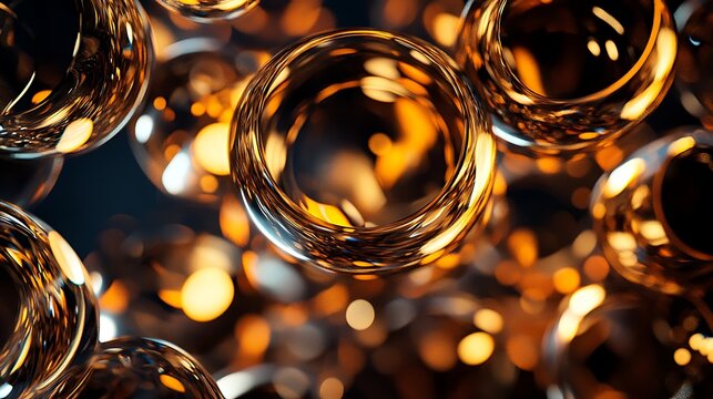 Refractive golden spheres with warm bokeh light reflections creating a luxurious abstract background design