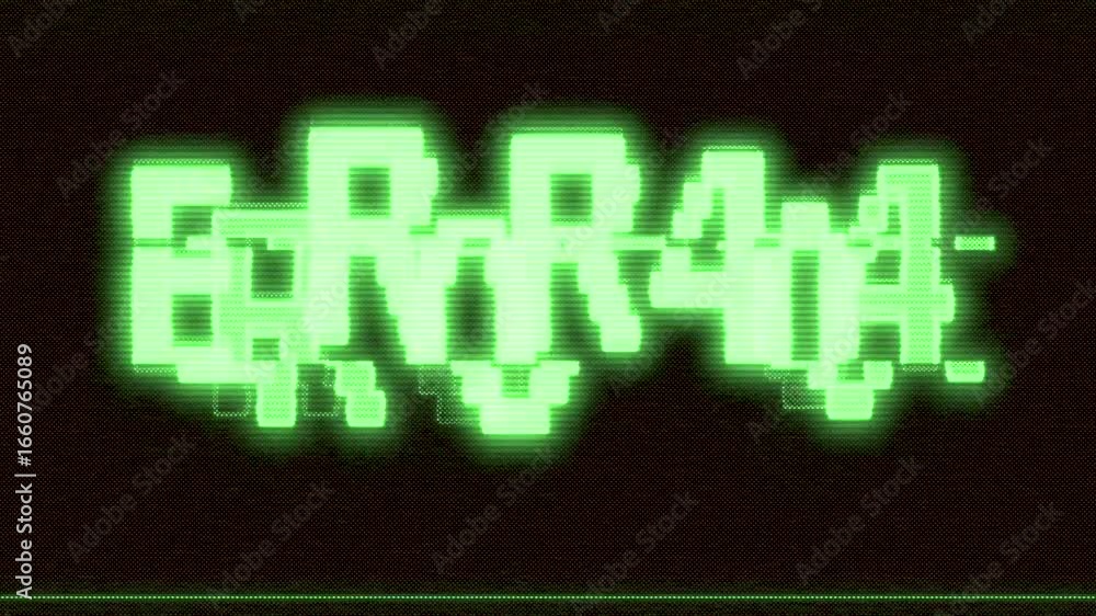 Poster green glowing error 404 text message animation with distortions and glitch effects