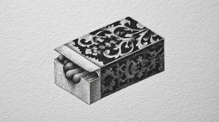 Elaborate ornamental box of matches, partially opened, rendered with pointillism