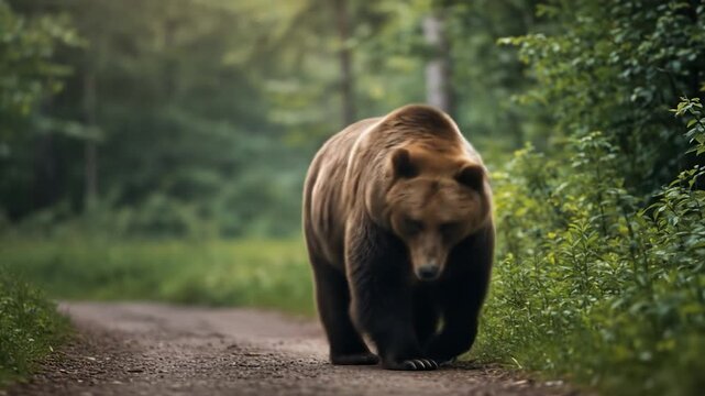 Brown bear strolling through a green forest on a dirt path wildlife encounter
