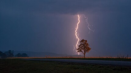 Lightning strikes solitary tree landscape