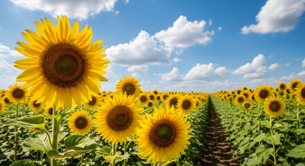 Fototapeta premium Vast field of vibrant sunflowers stretching towards a brilliant blue sky dotted with fluffy clouds, epitomizing summer's warmth and agricultural abundance across the landscape