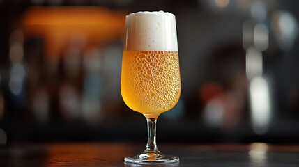 A refreshing golden craft beer with a thick white foam head in a elegant stemmed glass on a bar counter