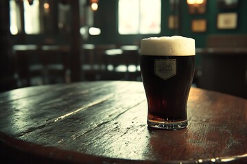 Cold dark stout beer pint with creamy foam on a vintage wooden pub table, blurred bar background